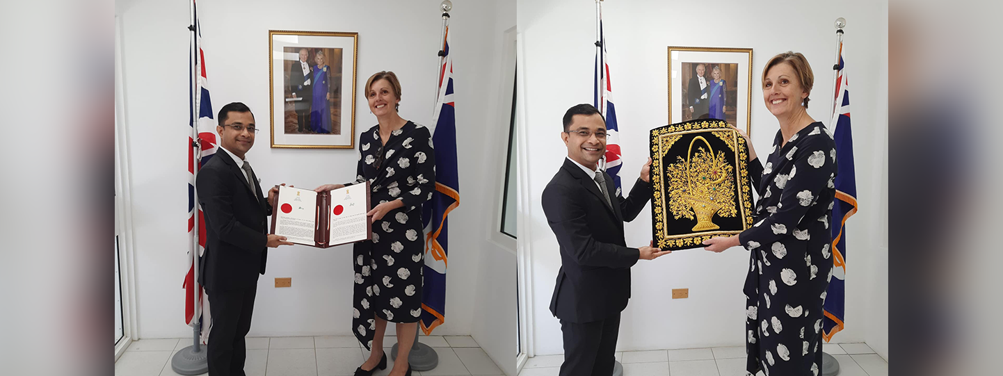  During an introductory visit to Anguilla, High Commissioner Dr Amit Telang presented his Exequatur as Consul General of India accredited to the British Overseas Territory of Anguilla to H.E. Ms Julia Crouch OBE